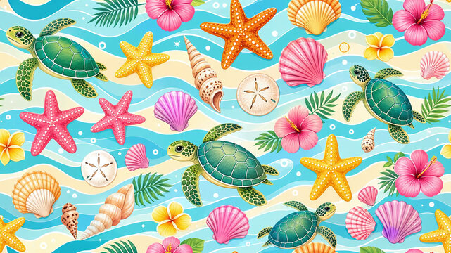 Seamless pattern featuring sea turtles starfish and tropical flowers.