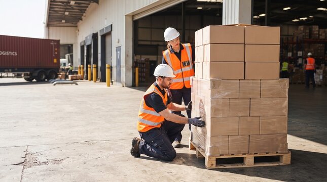 Workers inspect an outbound pallet at warehouse loading bay