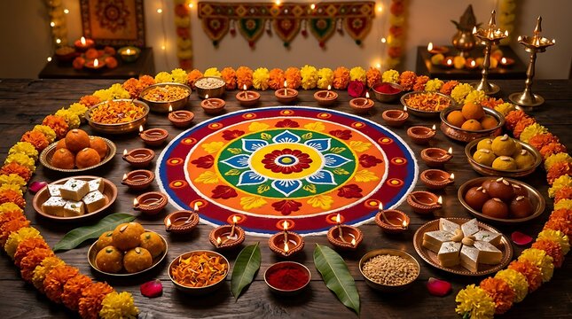 Diwali festival celebration with rangoli, diya lamps, sweets and decoration , Diwali, Kali Puja, Indian Festival, Lakshmi