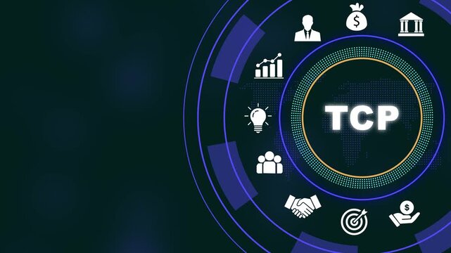 Digital tcp protocol network infographic animation featuring glowing futuristic hud interface with rotating business and global data connectivity concepts for corporate technology presentations