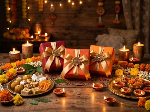 Diwali celebration with traditional sweets gifts and diyas , Diwali, Kali Puja, Indian Festival, Lakshmi