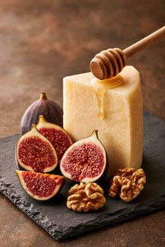 A slate cutting board featuring pecorino or feta cheese, fresh figs cut open, a handful of walnuts, and a  honey dipper.