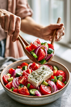 A person's hands tossing a colorful, authentic Greek salad in a large ceramic bowl using wooden salad servers.