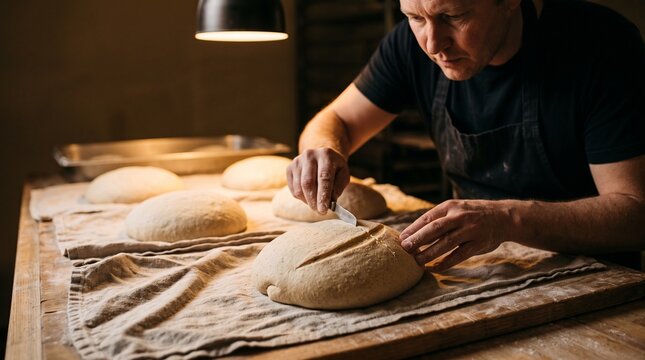 Baker scores risen bread dough before overnight baking