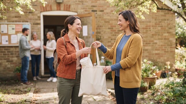 Volunteer welcomes newcomer with a reusable kit