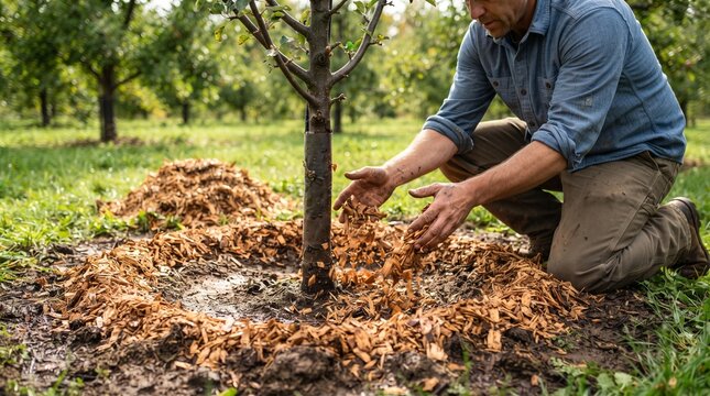 Grower spreads mulch around a young fruit tree