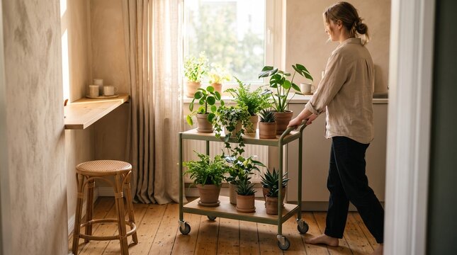 Renter moves a plant trolley beside the kitchen window