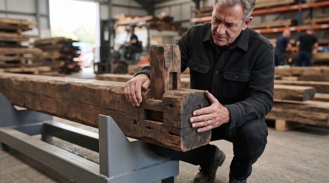 Architect inspects reclaimed oak beam joinery for reuse