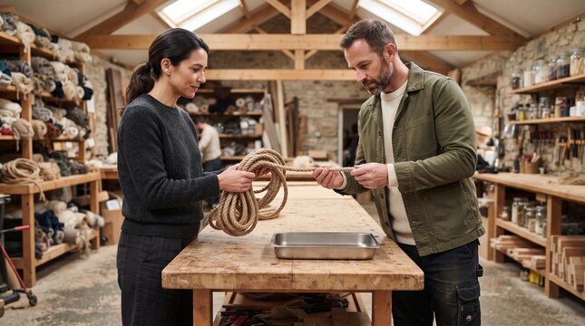 Supplier and buyer reviewing hemp rope materials