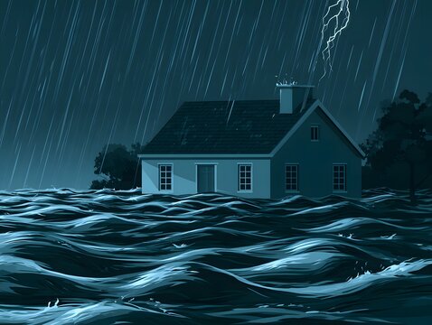 Flooded house during stormy weather