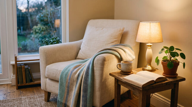 cozy corner with comfortable armchair blanket lamp and book on wooden table