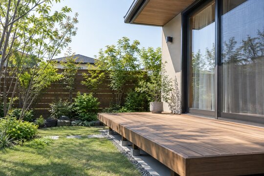 住宅の庭に面した新しい木製ウッドデッキ