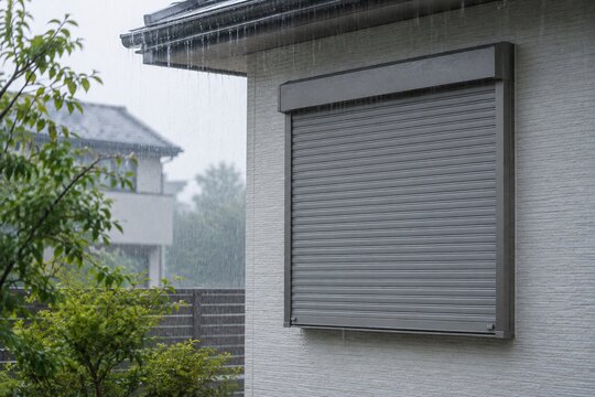 雨の中で窓を覆う住宅の閉じたシャッター