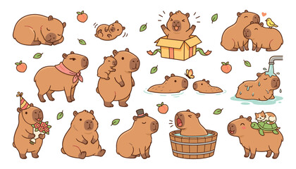 Fototapeta premium Cute capybara cartoon character vector icon set. Funny rodents swimming, sleeping, wearing party hat, taking bath, sitting in cardboard box and animal friend elements.