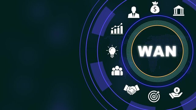 Wide area network wan technology concept featuring animated digital hud interface with global connectivity data transfer symbols, and futuristic cyber security for corporate network solutions