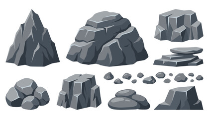 Gray rock and mountain boulder vector element set. Collection of isolated stone boulders, cracked cliff fragments, smooth pebbles, stacked slate plates, and game graphic assets. ©  AR Studio Company
