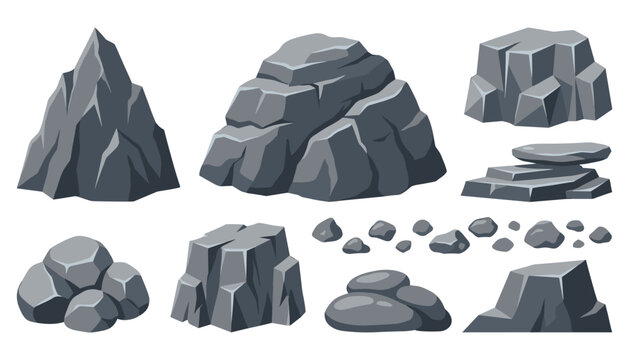 Gray rock and mountain boulder vector element set. Collection of isolated stone boulders, cracked cliff fragments, smooth pebbles, stacked slate plates, and game graphic assets.