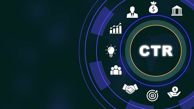 Digital marketing ctr click-through rate analytics concept with animated circular hud interface featuring business global data growth, financial strategy, and corporate performance metrics