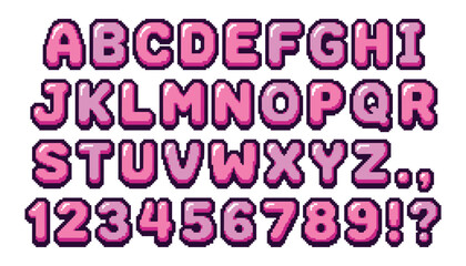 Pixel art alphabet and retro game font vector set. Collection of isolated pink uppercase letters, arcade numbers, glossy bubble typography, and pixelated punctuation marks. ©  AR Studio Company