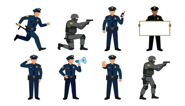 Police officer and swat team character vector illustration set. Collection of isolated law enforcement cops, running patrolmen, tactical soldiers, holding empty signboard, and megaphone symbols.