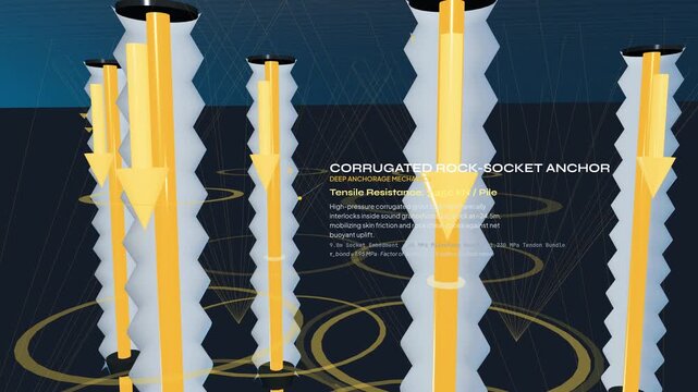 3D engineering animation explaining tension piles mechanics, illustrating rock-socket anchors, high-tensile shafts, and hydrostatic buoyant uplift to maintain subterranean equilibrium in construction