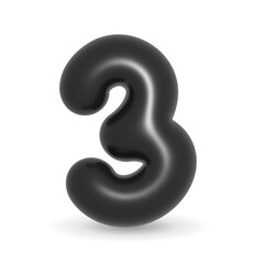 Number three black balloon isolated on white background. 3D rendered shiny matte digit for celebration party decoration. Birthday anniversary typography element for festive event design © Shaamerrr