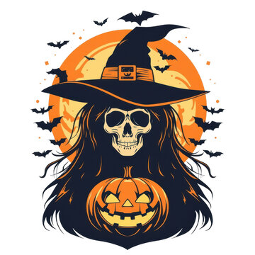 A Halloween skeleton witch with a pumpkin. A spooky art with bats and moon.