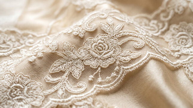 lace layered over silk fabric with detailed floral embroidery