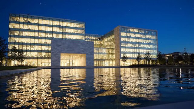 Corporate headquarters at dusk reflecting in water with illuminated offices