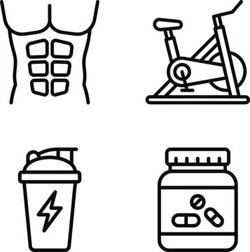 Fitness and Gym Line Icon Set , Abs, Spin Bike, Protein Shaker and Supplement Bottle, Editable Stroke Vector Icons for Workout and Nutrition.