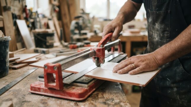 Hands using manual tile cutter to score and snap a ceramic tile with clean edge for flooring installation