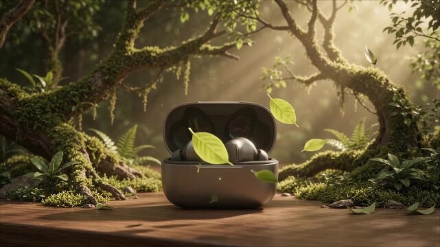 Wireless earbuds in charging case resting on wooden surface inside lush forest