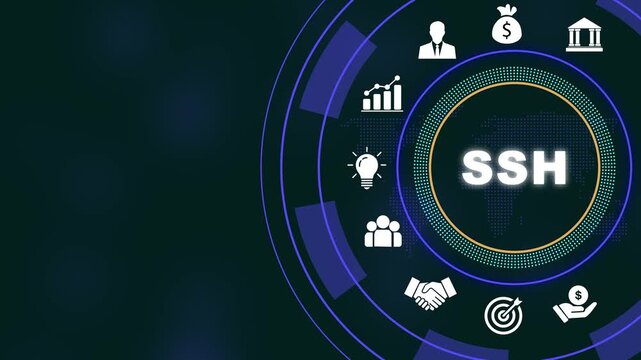 Advanced ssh network security protocol concept with glowing digital interface, featuring business global data connectivity, cyber security infrastructure, and secure server communication technology