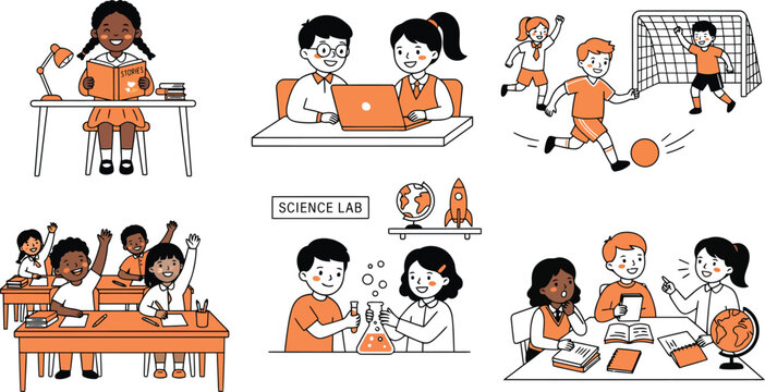 School children education vector set, diverse students learning in classroom and science lab, kids playing soccer and studying with laptop