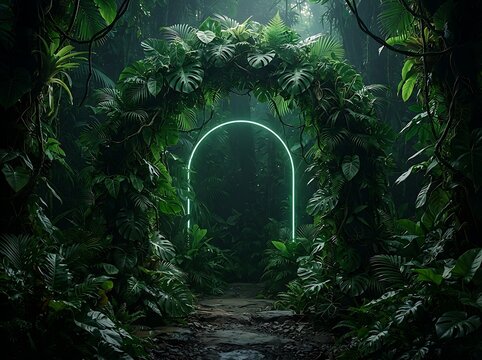 Lush green foliage frames a glowing neon archway within a dense tropical forest setting jungle rainforest verdant botanical leaves greenery