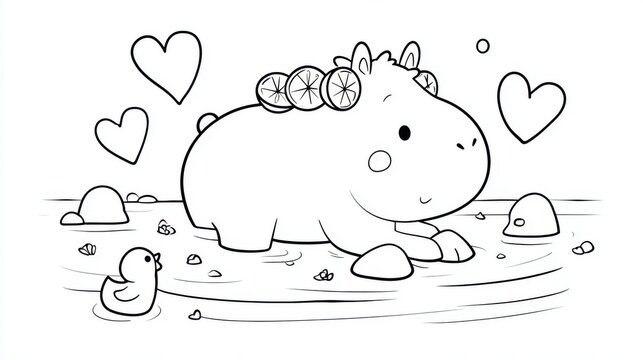 Cute cartoon hippo with citrus slices on head and rubber ducky in water. Charming line drawing of happy hippo adorned with citrus slices, enjoying a bath with rubber ducky and hearts floating around