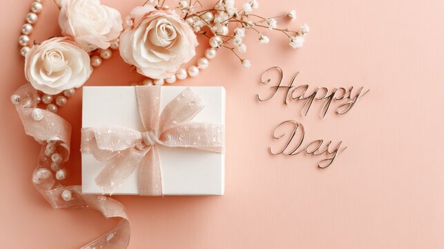 Elegant gift box with roses and pearls, celebrating a happy day. Delicate arrangement of soft pink roses, pearls, and ribbon-tied gift box evokes sense of joy and celebration for any special occasion