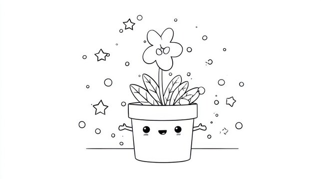 Cute cartoon potted flower with happy face stars for coloring. Whimsical line drawing of smiling potted plant surrounded by playful stars circles, perfect for children's creative coloring activities