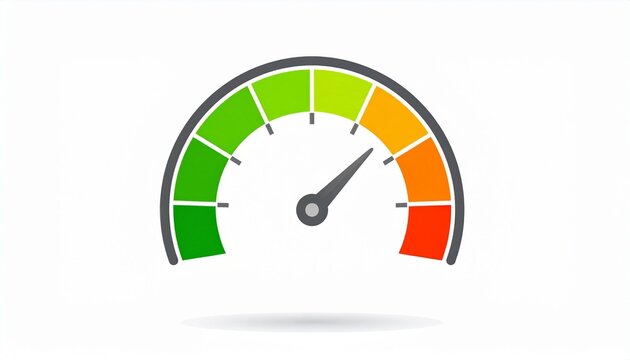Colorful speedometer gauge with green yellow and red zones.