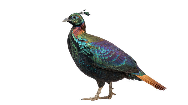 Himalayan monal pheasant with iridescent plumage, colorful exotic bird isolated on white background, vibrant metallic feathers of a wild monal
