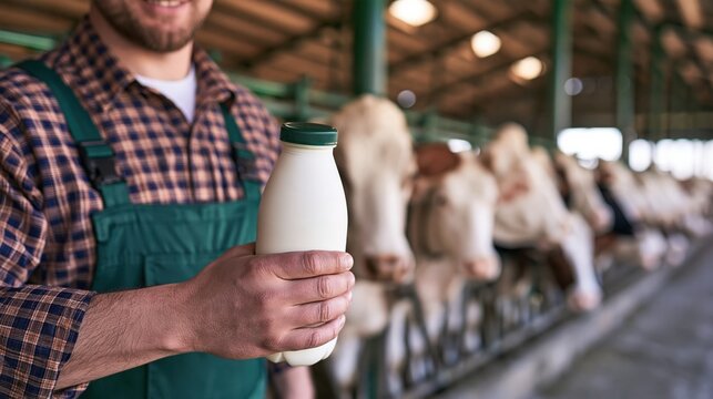 Fresh Milk in Farmer's Hand with Cows Nearby