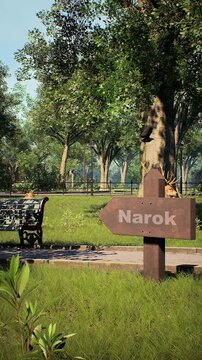 Narok wooden directional sign in sunny public park, rustic timber arrow pointing left on green lawn, peaceful outdoor garden landscape with park bench isolated on Transparent Background