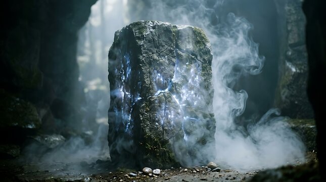 Mysterious ancient stone monument in misty cave