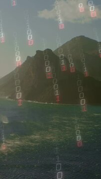 Vertical video: Binary glyphs appearing above peaks falling in columns over mountain, showing data