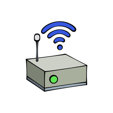 Simple WiFi router icon with antenna and green status light isolated on transparent background for internet connectivity technology concepts