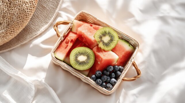 Freshly cut watermelon, kiwi, and blueberries in a woven basket on a white cloth. A delightful assortment of juicy fruits presented in a rustic basket, perfect for a healthy summer snack or picnic