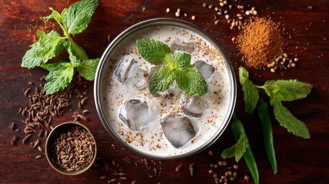 Refreshing Lassi drink with mint spices and ice cubes on wooden table. Top-down view of creamy Indian Lassi beverage garnished with fresh mint leaves and sprinkled with spices served chilled with ice