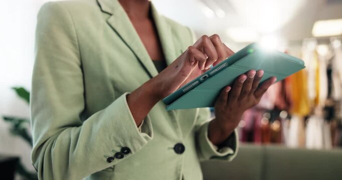 Hands, tablet and woman in clothing store for small business, online shop management and flare. Typing, person and technology in boutique for retail, fashion industry and trade or app for startup