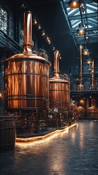 Large copper distillation tanks stand in a dimly lit industrial space with brick walls and hanging lights.
