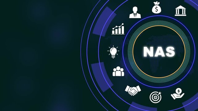 Network attached storage nas technology concept featuring animated digital interface with global business and data connectivity symbols for modern corporate cloud computing infrastructure solutions